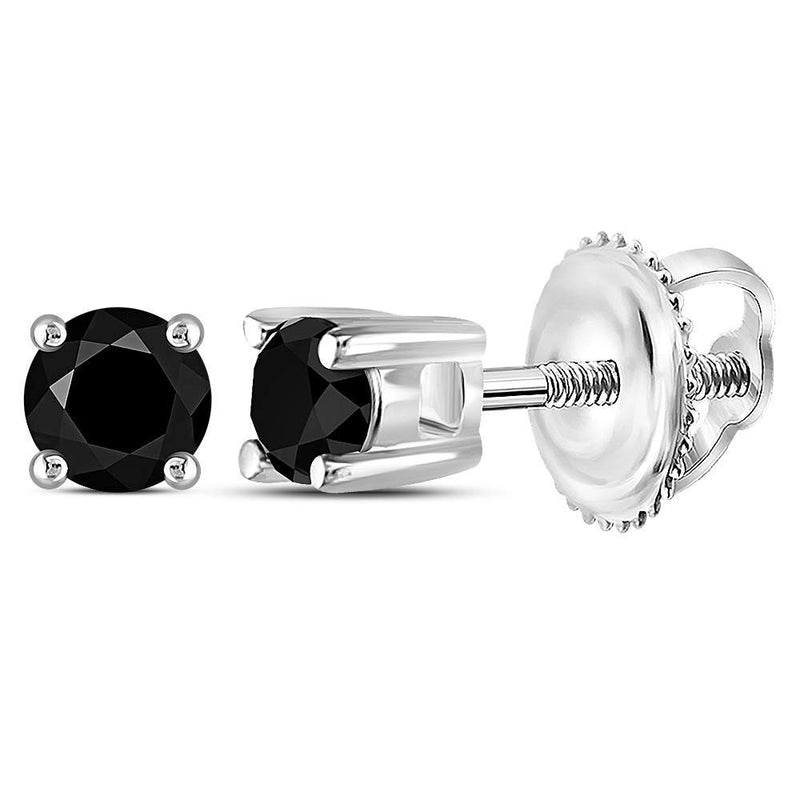 14kt White Gold Unisex Round Black Color Enhanced Diamond Solitaire Earrings 1/4 Cttw