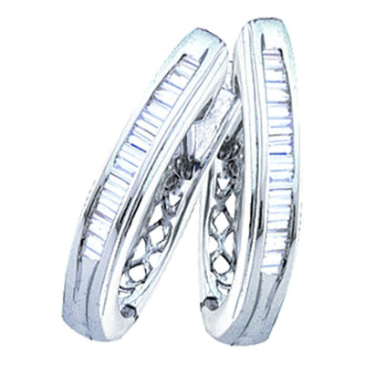 Sterling Silver Womens Baguette Diamond Hoop Earrings 1/3 Cttw