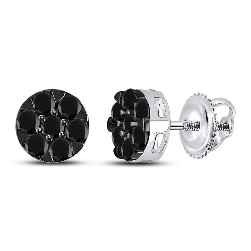 14kt White Gold Womens Round Black Color Enhanced Diamond Cluster Earrings 3/8 Cttw