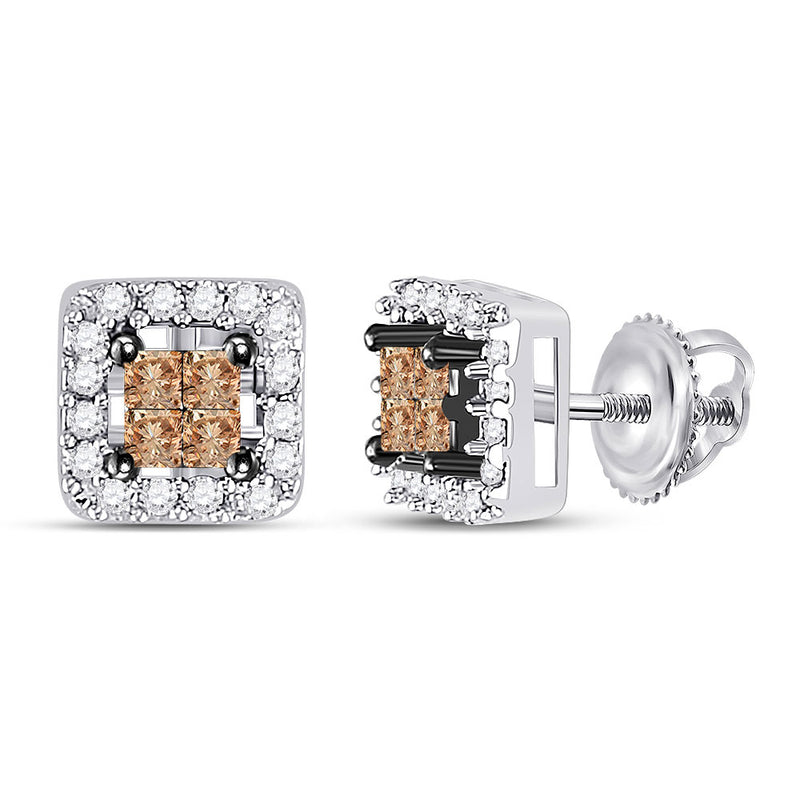 14kt White Gold Womens Princess Brown Diamond Square Earrings 1/3 Cttw