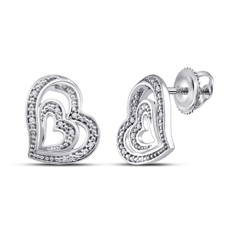 Sterling Silver Womens Round Diamond Heart Earrings 1/20 Cttw