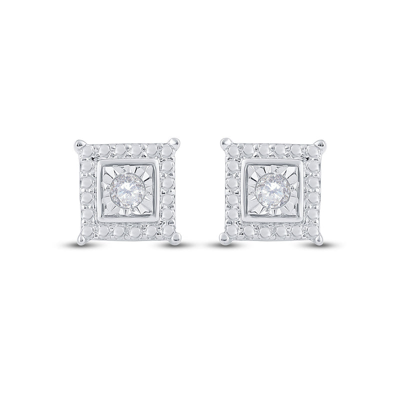 Sterling Silver Womens Round Diamond Solitaire Square Stud Earrings 1/10 Cttw