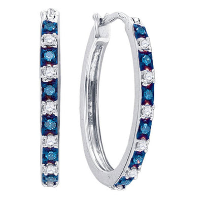 Sterling Silver Womens Round Blue Color Enhanced Diamond Hoop Earrings 1/4 Cttw