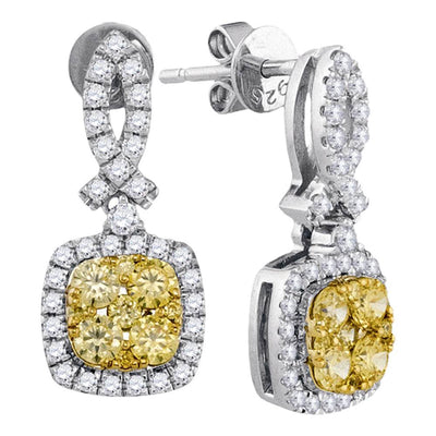 14kt White Gold Womens Round Yellow Diamond Square Dangle Earrings 1-1/4 Cttw