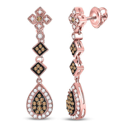 14kt Rose Gold Womens Round Brown Diamond Dangle Earrings 5/8 Cttw