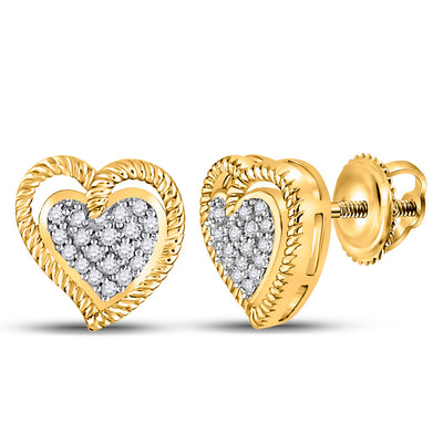 10kt Yellow Gold Womens Round Diamond Milgrain Heart Cluster Earrings 1/10 Cttw