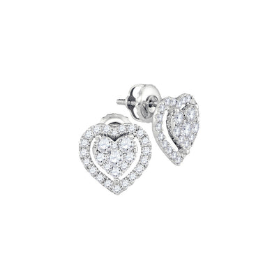 14kt White Gold Womens Round Diamond Heart Frame Cluster Stud Earrings 3/4 Cttw