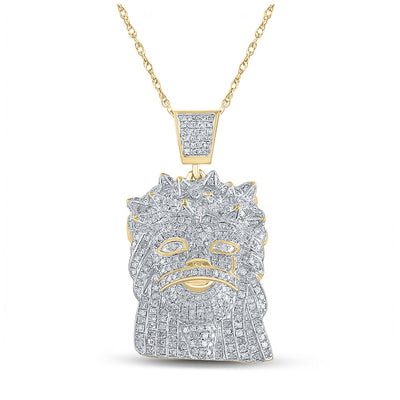 Yellow-tone Sterling Silver Mens Round Diamond Jesus Face Charm Pendant 1-3/4 Cttw