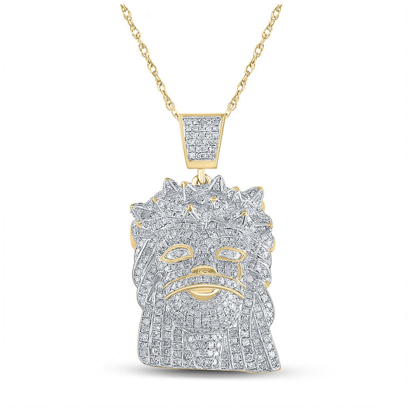 Yellow-tone Sterling Silver Mens Round Diamond Jesus Face Charm Pendant 1-3/4 Cttw