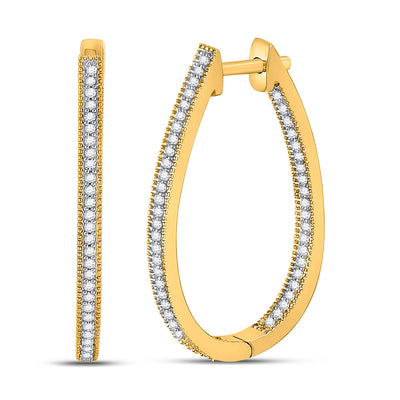 10kt Yellow Gold Womens Round Diamond Oblong Hoop Earrings 1/3 Cttw